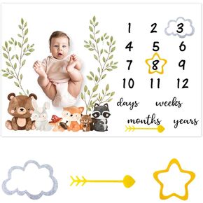 CSFOTO Safari Baby Monthly Milestone Blanket Jungle Animals Green Plants Newborn Photography Props Blanket for Boys & Girls Shower Baby Growth Photo Record Blanket 60"x40" with Frame
