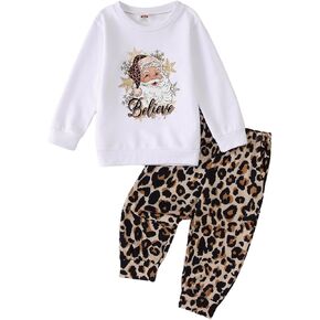 CM C&M WODRO Toddler Kid Girl Christmas Outfit Santa Claus Believe Sweatshirt Crewneck Top Leopard Pants Holiday Xmas Clothes