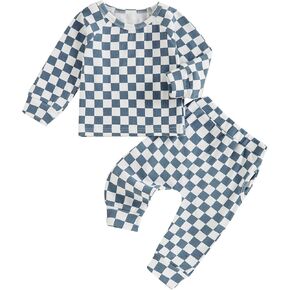 Toddler Baby Infant Boy Checkered Clothes Set Long Sleeve Tops with Casual Pants 2Pcs Fall Outfit