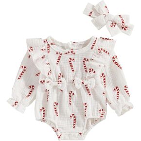 Newborn Baby Girl Christmas Outfit Bubble Romper Santa Jumpsuit Candy Bodysuit My First Christmas Clothes