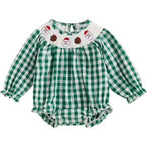 Baby Girl Smocked Christmas Outfit Santa Claus Smocked Bubble Romper Plaid Bodysuit Xmas Clothes