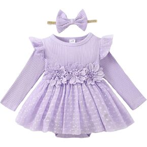 Newborn Girl Romper Dress Ribbed Knit Jumpsuit Flower Embroidery Tulle Bodysuit Cute Baby Girl Fall Winter Outfits