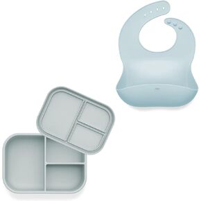 Ali+Oli Mealtime Bundle, Roll-up & Stay Closed (Sky) Silicone Baby Bib and Leak proof Bento Box (Dream Blue) BPA Free, Food Grade Silicone