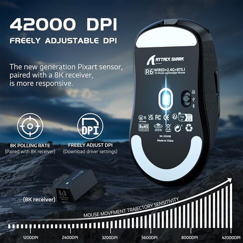 Attack Shark R6 Lightweight Wireless Gaming Mouse,PAW 3950Max Sensor Computer Mouse with Nordic 52480,8KHz Polling,42K DPl,OMRON Optaicl Switch,USB-C Charging,7 Programmable Buttons(Black & Sticker) in Saudi Arabia