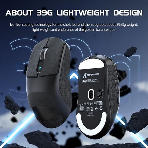 Attack Shark R6 Lightweight Wireless Gaming Mouse,PAW 3950Max Sensor Computer Mouse with Nordic 52480,8KHz Polling,42K DPl,OMRON Optaicl Switch,USB-C Charging,7 Programmable Buttons(Black & Sticker) in Saudi Arabia