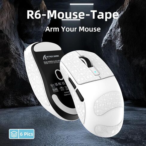 ماوس ألعاب لاسلكي خفيف الوزن من Attack Shark R6، فأرة كمبيوتر بمستشعر PAW 3950Max مع استقصاء شمالي 52480،8 كيلو هرتز، 42K DPl، مفتاح OMRON Optaicl، شحن USB-C، 7 أزرار قابلة للبرمجة (أسود وملصق) in Kuwait