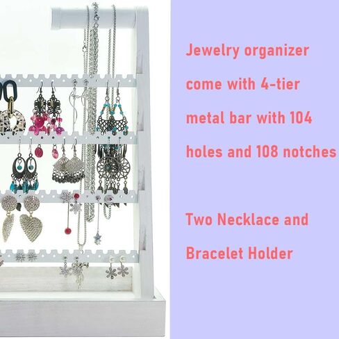 منظم القرط والمجوهرات، رف حامل القرط الخشبي الريفي، أقراط مسمارية وحوامل أقراط حلقية، منظم حامل المجوهرات مع 212 فتحة شجرة قرط هدايا للنساء (عتيق) in Kuwait