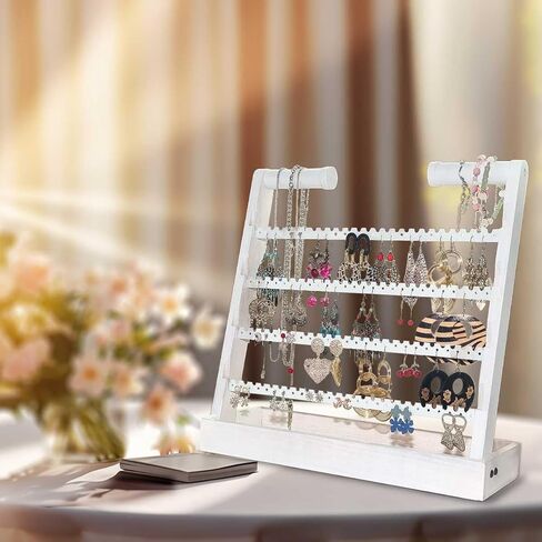 منظم القرط والمجوهرات، رف حامل القرط الخشبي الريفي، أقراط مسمارية وحوامل أقراط حلقية، منظم حامل المجوهرات مع 212 فتحة شجرة قرط هدايا للنساء (عتيق) in Kuwait