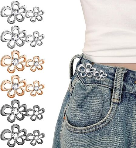 6 Sets Pant Waist Tightener, Jeans Buttons for Loose Jeans, Adjustable & Detachable Crystal Pants Clips for Waist, No Sew Button for Jeans to Make Smaller, Silver Gold Black in Saudi Arabia