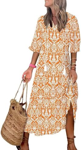 Dokotoo Women Boho Summer Dress 2024 Frill Short Sleeve Tassel V Neck Ruffle Flowy A-Line Maxi Dresses in Kuwait