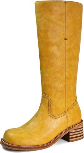 Women's Knee High Boots Square Toe Chunky Block Heel Long Boots for Women Comfortable Low Heel Womens Boots in Saudi Arabia