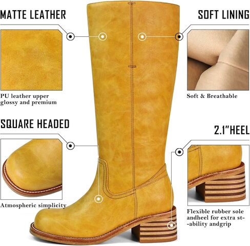 Women's Knee High Boots Square Toe Chunky Block Heel Long Boots for Women Comfortable Low Heel Womens Boots in Saudi Arabia