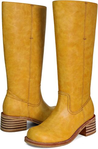 Women's Knee High Boots Square Toe Chunky Block Heel Long Boots for Women Comfortable Low Heel Womens Boots in Saudi Arabia