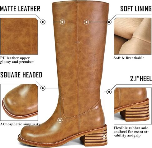 Women's Knee High Boots Square Toe Chunky Block Heel Long Boots for Women Comfortable Low Heel Womens Boots in Saudi Arabia