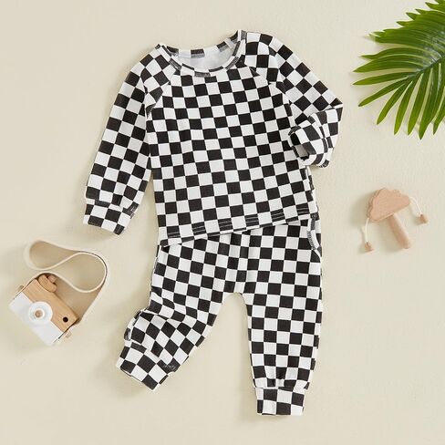 Toddler Baby Infant Boy Checkered Clothes Set Long Sleeve Tops with Casual Pants 2Pcs Fall Outfit in Saudi Arabia
