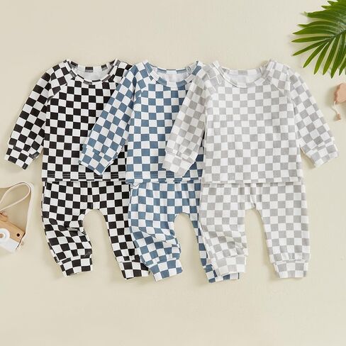 Toddler Baby Infant Boy Checkered Clothes Set Long Sleeve Tops with Casual Pants 2Pcs Fall Outfit in Saudi Arabia