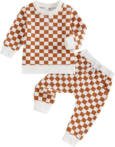 Toddler Baby Infant Boy Checkered Clothes Set Long Sleeve Tops with Casual Pants 2Pcs Fall Outfit in Saudi Arabia