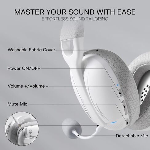 Redragon H878 3-Mode Wireless Blue Lighting Gaming Headset - Lightweight - 7.1 Surround Sound - 40MM Drivers - Detachable Microphone - Multi Platforms for PC, PS5/4, Switch, Mobile, White&Gray in Saudi Arabia