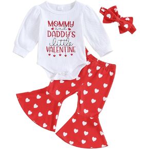 Chloefairy Newborn Baby Girl Valentine's Day Outfit Mommy and Daddys Little Valentine Onesie Romper Heart Flare Pants Set