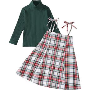 Noubeau Toddler Girls Christmas Outfits Turtleneck Sweater Ribbed Jumper Top Santa Candy Print Suspender Skirt Winter Clothes