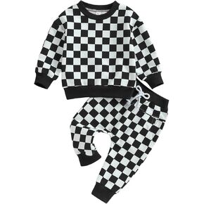 Toddler Baby Boy Girl Fall Winter Outfit Checkered Long Sleeve Sweatshirt Pullover Tops Jogger Pants 2Pcs Clothes Set