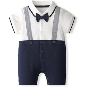 Baby Boy Romper Gentleman's Collared Polo Shirt Bow Tie short Sleeve Fake Two Piece Jumpsuit One-Piece Outfit