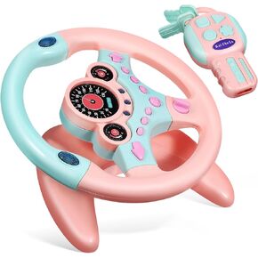 Kids Steering Wheel for Backseat with Car Key, Simulated Driving Steering Wheel Toy with Light and Music Toddlers Pretend Play Toy for Baby Children