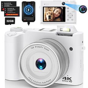 4K Digital Camera for Photography, Dual 64MP Autofocus Vlogging Camera for YouTube, 2.8" Screen Compact Travel Camera with 32GB SD Card, Anti-Shake, Flash, 16X Digital Zoom, 2 Batteries & Charger