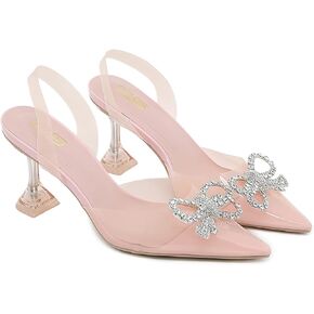 Women's Rhinestones Bow Clear Heels Slingback Pumps Fashion Comfort Closed Pointed Toe Kitten Heels Sandals for Wedding Party Dress Shoes