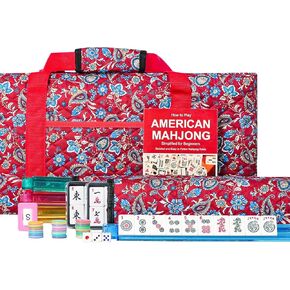 مجموعة American Mahjong مع حقيبة حمل زرقاء، 166 بلاطًا أبيض، 4 رفوف/دافعات الكل في واحد، مجموعة بلاط Mahjong (Ma Jong، Mah Jongg، Majiang)