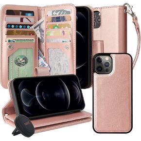 navor Universal Car Mount & Magnetic Detachable Wallet Case [RFID Protection] [10 Card Pockets] [3 Money Pockets] Compatible for iPhone 12 Pro [6.1 Inch] JOOT-3L Series [Rosé Gold]