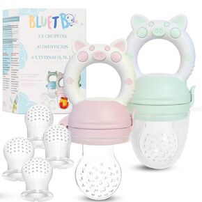 Bluet B- Baby Fruit Feeder Pacifier - BPA-Free Silicone Baby Food Feeder for Self-Feeding - Teething Relief - 4+ Months, 6 Silicone Nipples - 2 Pack Fresh Fruit Pacifier Frozen Teether - Blue & Green