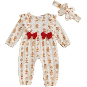 BULINGNA Newborn Baby Girl Christmas Outfit Long Sleeve Gingerbread Man Jujmpsuit Ruffle Romper with Headband Fall Clothes