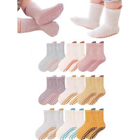 Baby Non-Skid Socks Toddler Non Slip Crew Socks with Grips Anti-Slip Socks for Infants Girls Boys 9 Packs