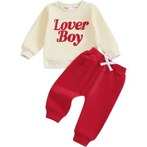 Toddler Baby Boy Valentine's Day Outfit Lover Boy Embroidery Letter Sweatshirt Pullover Tops Jogger Pants Clothes