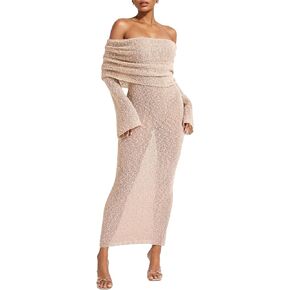 LETSVDO Women's Off Shoulder Maxi Dress Long Sleeve Bodycon Knit Crochet Mesh Sweater Sexy Vacation Party Dresses