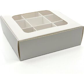 Gretel Mini Treat Boxes with Window and Dividers - Extra Small - Four Compartment Candy and Truffle Boxes Packaging for Homemade Chocolates and Candies - 3.5 x 3.5 x 1.57 inches | Pack of 20 (White)