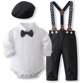 Baby Boys' 4 Pcs Suit Dress Clothes Infant Tuxedo Sets Shirt Collar Top+Strap Pants+Beret+Bow Tie 0-24M