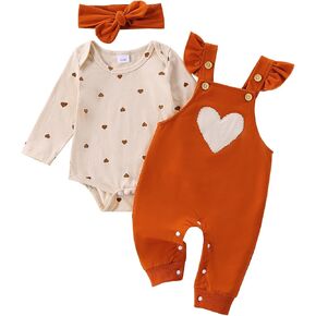 Newborn Baby Girl Clothes Rib Knit Long Sleeve Heart Print Romper Pants Neutral Infant Winter 3PCS Outfits 0-18M