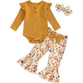 Springcmy Toddler Baby Girl Rugby Pumpkin Halloween Long Ruffle Sleeve Romper Top Bell Bottom Pants Headband Outfits Set