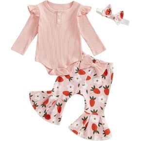 Newborn Baby Girl Clothes Ruffle Ribbed Knit Romper + Flare Pants + Headband Set for 0 3 6 9 12 18 Months Girls