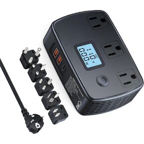 محول السفر العالمي 220 فولت إلى 110 فولت مع PD30W+2 QC3.0+3 منافذ تيار متردد، محول جهد 250 وات مع عرض الجهد الكهربي والقوة الكهربائية، مجموعة محول محول الطاقة للاتحاد الأوروبي/المملكة المتحدة/إيطاليا/أستراليا/آسيا/جنوب أفريقيا