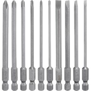 HARFINGTON 10pcs Slotted Phillips Screwdriver Bit Set SL3/4/5/6 PH1(3.0/4.5/5.0) PH2(3.5/4.5/5.0) S2 Steel 1/4" Hex Shank 4" Length Magnetic Flat Cross Head Power Drill Bits