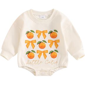 BULINGNA Newborn Baby Girl Fall Romper Sweatshirt Little Cutie Orange Bowknot Print Onesie Bodysuit One Piece Outfit Clothes