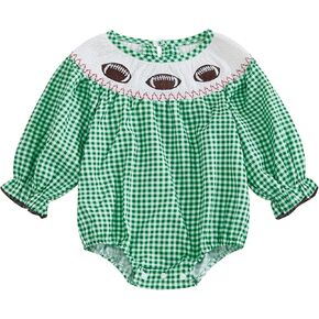 Karuedoo Infant Toddler Baby Girl Football Outfit Plaid Football Embroidery Long Puff Sleeve Smocked Bubble Romper Bodysuit