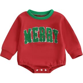 Lesimsam Newborn Baby Boy Girl Christmas Outfit Embroidery Sweatshirt Romper Oversized Long Sleeve Bubble Romper Bodysuit