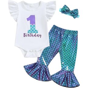 Emmababy Western Baby Girl Summer Clothes Ruffle Romper Short Sleeve Floral Bell Bottom Flare Pants Cow Print Birthday Outfit