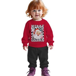 CM C&M WODRO Toddler Baby Boy Girl Merry Christmas Outfit Santa Crewneck Long Sleeve Sweatshirt Pants 2Pcs Clothes Set