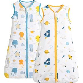 2 Pack Cotton Sleeveless Baby Sleep Sack with Zipper, Cartoon Prints Baby Wearable Blanket for Boys