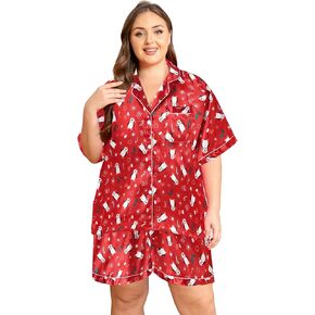 Vozanet Women's Short Sleeve Satin Pajama Sets Silky Ladies Button Down Loungewear Plus Size Nighty Shorts Sets XL to 5XL